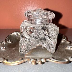 Antique Fostoria Cascade‎ Glass Inkwell & Metal Native American Headdress Holder